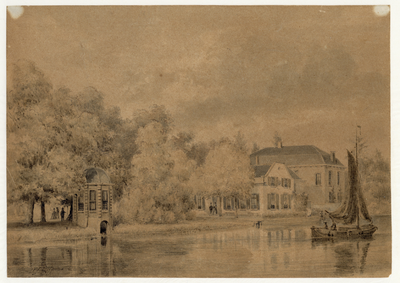 202432 Gezicht over de Vecht bij Breukelen op het huis Hoogerlust (achter het zeilschip) met links daarvan eerst het ...